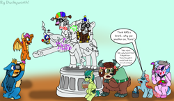 Size: 1920x1112 | Tagged: safe, artist:duckyworth, imported from derpibooru, cozy glow, gallus, lord tirek, ocellus, queen chrysalis, sandbar, silverstream, smolder, yona, centaur, changedling, changeling, changeling queen, classical hippogriff, dragon, earth pony, hippogriff, pegasus, pony, spoiler:s09, abuse, adventure in the comments, camera, chrysabuse, claw hold, cozybuse, dragoness, female, filly, graffiti, hoof hold, legion of doom, legion of doom statue, male, ocellus is not amused, one eye closed, paint, punish the villain, student six, teenaged dragon, teenager, tirekabuse, unamused, vandalism, wink