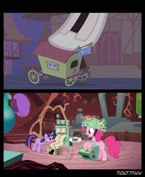 Size: 1288x1572 | Tagged: safe, edit, edited screencap, editor:teren rogriss, imported from derpibooru, screencap, pinkie pie, sweetie belle, twilight sparkle, earth pony, robot, unicorn, boast busters, feeling pinkie keen, season 1, female, giant robot, giantess, machinery, macro, ponyville, sweetie bot, this will end in property damage, trixie's wagon, twilight's lab, unicorn twilight