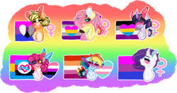 Size: 1280x678 | Tagged: safe, artist:ae4-universes, imported from derpibooru, applejack, fluttershy, pinkie pie, rainbow dash, rarity, twilight sparkle, alicorn, earth pony, pegasus, pony, unicorn, alternate hairstyle, asexual, asexual pride flag, bisexual pride flag, blushing, bow, chest fluff, curved horn, demiromantic, demiromantic pride flag, eyes closed, eyeshadow, female, freckles, gender headcanon, genderfluid, genderfluid pride flag, grin, hair bow, headcanon, heart, heterochromia, horn, lesbian pride flag, lgbt headcanon, makeup, mane six, mare, markings, panromantic, panromantic pride flag, pansexual pride flag, polyamory pride flag, pride, pride flag, redesign, sexuality headcanon, smiling, trans female, trans girl, transgender, transgender pride flag, twilight sparkle (alicorn)