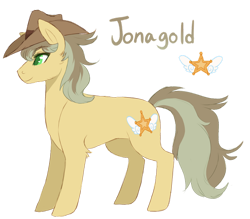 Size: 1280x1120 | Tagged: safe, artist:amiookamiwolf, imported from derpibooru, oc, oc only, oc:jonagold, earth pony, pony, female, hat, magical gay spawn, mare, offspring, parent:braeburn, parent:soarin', parents:soarburn, simple background, solo, transparent background