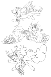 Size: 1000x1497 | Tagged: safe, artist:teeny16, imported from derpibooru, applejack, fluttershy, pinkie pie, rainbow dash, rarity, twilight sparkle, alicorn, pegasus, pony, black and white, braid, braided tail, female, fusion, grayscale, hat, lineart, long mane, long tail, mare, monochrome, trio