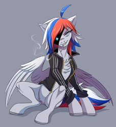 Size: 2345x2575 | Tagged: safe, artist:1an1, imported from derpibooru, oc, oc only, pegasus, pony, badass, cigarette, clothes, cloven hooves, cute, high res, jacket, multicolored hair, multicolored tail, ponified, russia, simple background, sitting, smoking, solo