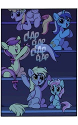 Size: 1200x1920 | Tagged: safe, artist:caseycoller, idw, imported from derpibooru, derpy hooves, drizzle, lavender fritter, liza doolots, minuette, petunia, tootsie flute, earth pony, pegasus, pony, unicorn, spoiler:comic, spoiler:friendship in disguise, spoiler:friendship in disguise02, background pony, clapping, female, filly, mare, sitting