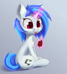 Size: 1288x1408 | Tagged: safe, artist:anti1mozg, imported from derpibooru, dj pon-3, vinyl scratch, pony, unicorn, chest fluff, cute, eating, female, food, glowing horn, horn, ice cream, magic, mare, popsicle, sitting, solo, tongue out, vinylbetes