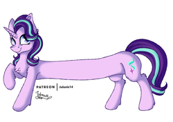Size: 1280x905 | Tagged: safe, artist:julunis14, imported from derpibooru, starlight glimmer, pony, unicorn, chest fluff, digital art, female, long glimmer, long pony, one hoof raised, raised hoof, simple background, smiling, solo, transparent background