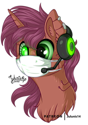 Size: 1600x2263 | Tagged: safe, artist:julunis14, imported from derpibooru, oc, oc only, oc:redomir, cyborg, pony, unicorn, coronavirus, covid-19, cybernetic eyes, cyberpunk, face mask, headset, mask, microphone, simple background, solo, transparent background