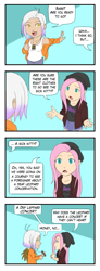 Size: 467x1267 | Tagged: safe, artist:eve-ashgrove, imported from derpibooru, fluttershy, gilda, human, 4koma, chibi, cinderella (band), comic, cute, def leppard, dialogue, female, foreigner, gildadorable, gildashy, humanized, journey (band), lesbian, misunderstanding, oblivious, painfully innocent fluttershy, shipping