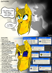 Size: 4093x5787 | Tagged: safe, artist:julunis14, imported from derpibooru, oc, oc only, oc:ayza, pony, unicorn, 2 panel comic, :p, anxiety, blue screen of death, blushing, chest fluff, comic, dialogue, ear fluff, error, error message, female, fluffy, frown, mare, mental blue screen of death, messy mane, microsoft windows, neck fluff, nervous, neurodivergent, onomatopoeia, open mouth, scrunchy face, smiling, social anxiety, solo, sweat, tongue out, windows, windows xp