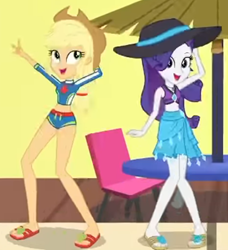 Size: 1210x1329 | Tagged: safe, imported from derpibooru, screencap, applejack, rarity, equestria girls, equestria girls series, i'm on a yacht, spoiler:eqg series (season 2), applejack's beach shorts swimsuit, applejack's hat, beach shorts swimsuit, belly button, bikini, bikini bottom, bikini top, chair, clothes, cowboy hat, cropped, cute, dancing, duo, duo female, feet, female, flip-flops, geode of empathy, geode of shielding, geode of sugar bombs, geode of super speed, geode of super strength, geode of telekinesis, hat, jackabetes, looking at you, magical geodes, needs more jpeg, open mouth, raribetes, rarity's beach shorts swimsuit, rarity's blue sarong, rarity's purple bikini, sandals, sarong, sexy, ship, sun hat, swimsuit, swimsuit rarity