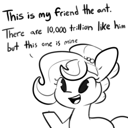 Size: 2250x2250 | Tagged: safe, artist:tjpones, imported from derpibooru, oc, oc only, oc:brownie bun, ant, earth pony, insect, pony, black and white, cute, dialogue, female, full metal jacket, grayscale, mare, monochrome, ocbetes, rifleman's creed, simple background, solo, white background