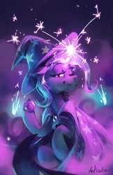 Size: 2650x4096 | Tagged: safe, artist:anticular, imported from derpibooru, trixie, pony, unicorn, female, floppy ears, glowing horn, high res, horn, looking at you, magic, mare, one eye closed, smiling, smoke, smoke bomb, solo, wink