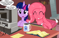 Size: 2577x1670 | Tagged: safe, artist:badumsquish, derpibooru exclusive, imported from derpibooru, princess luna, twilight sparkle, oc, oc:amy zon, alicorn, mimic, mimic pony, monster pony, original species, amazon.com, apple ii, basement, book, box, coffee, coffee mug, computer, cute, delivery, desk, dialogue, drool, eyes closed, fangs, female, golden oaks library, grin, laboratory, mug, open mouth, paper, show accurate, sitting, smiling, talking, tongue pony, twilight sparkle (alicorn)