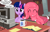 Size: 2577x1670 | Tagged: safe, artist:badumsquish, derpibooru exclusive, imported from derpibooru, princess luna, twilight sparkle, oc, oc:amy zon, alicorn, mimic, mimic pony, monster pony, original species, amazon.com, apple ii, basement, book, box, coffee, coffee mug, computer, cute, delivery, desk, dialogue, drool, eyes closed, fangs, female, golden oaks library, grin, laboratory, mug, open mouth, paper, show accurate, sitting, smiling, talking, tongue pony, twilight sparkle (alicorn)