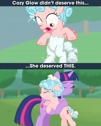 Size: 640x800 | Tagged: safe, artist:chubbypug, edit, imported from derpibooru, cozy glow, twilight sparkle, alicorn, pegasus, the ending of the end, a better ending for cozy, argument in the comments, caption, comments locked down, cozy deserved this, cozy glow drama, cozybetes, cozybuse, cozylove, crying, cute, drama, duo, female, forgiveness, good end, hug, image macro, meme, op has a point, op is trying to start shit, op started shit, petrification, punishment, reformed, text, twilight sparkle (alicorn)
