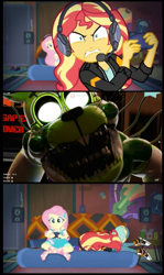 Size: 575x965 | Tagged: safe, edit, edited screencap, imported from derpibooru, screencap, fluttershy, sunset shimmer, equestria girls, equestria girls series, spoiler:eqg series (season 2), angry, animator's hell, animatronic, converse, female, five nights at freddy's, fnaf fangame, fnaf oc, lunaticplushtrap, rageset shimmer, scott cawthon, shoes, sunset shimmer frustrated at game, white eyes