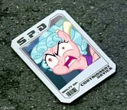 Size: 536x465 | Tagged: safe, imported from derpibooru, screencap, cozy glow, pegasus, pony, school raze, caption, containment card, cozy glow is best facemaker, female, image macro, power rangers, power rangers spd, solo, text