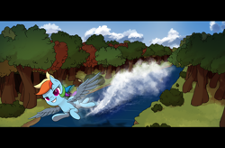 Size: 9000x5915 | Tagged: safe, artist:thehuskylord, imported from derpibooru, rainbow dash, pegasus, pony, absurd resolution, bush, cloud, female, flying, forest, forest background, outdoors, river, scenery, shading, smiling, solo, splash, spread wings, tree, water, wings