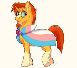 Size: 1280x1133 | Tagged: safe, artist:0llie0ops, imported from derpibooru, sunburst, pony, unicorn, bisexual pride flag, clothes, cute, ear fluff, gender headcanon, glasses, headcanon, leg fluff, lgbt headcanon, male, markings, open mouth, pride, pride flag, raised hoof, robe, sexuality headcanon, simple background, solo, stallion, sunbetes, sunburst's cloak, sunburst's glasses, sunburst's robe, trans boy, trans male, transgender, transgender pride flag, yellow background