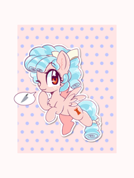 Size: 1900x2533 | Tagged: safe, alternate version, artist:blurry-kun, imported from derpibooru, cozy glow, pegasus, bow, commission, commissioner:reversalmushroom, female, filly, flying, hair bow, knife, looking at you, one eye closed, tail bow, wink, winking at you