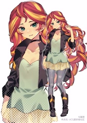 Size: 3541x5016 | Tagged: safe, artist:瑞博, imported from derpibooru, sunset shimmer, equestria girls, anime, boots, breasts, cleavage, clothes, cute, female, high heel boots, jacket, jeans, leather jacket, looking at you, pants, shimmerbetes, shoes, solo