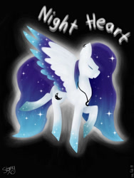 Size: 720x960 | Tagged: safe, artist:saladstarry, imported from derpibooru, oc, oc only, oc:night heart, pegasus, pony, black background, ethereal mane, eyes closed, pegasus oc, raised hoof, signature, simple background, solo, starry mane, starry wings, wings