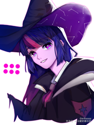 Size: 1080x1440 | Tagged: safe, artist:erikaaaa, imported from derpibooru, twilight sparkle, human, equestria girls, bust, female, hat, humanized, portrait, smiling, solo, witch hat