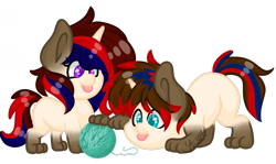 Size: 1817x1080 | Tagged: safe, artist:silentwolf-oficial, imported from derpibooru, oc, oc only, dog, dog pony, pony, :p, ball, chibi, duo, horn, simple background, tongue out, transparent background