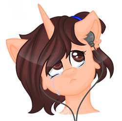 Size: 1080x1073 | Tagged: safe, artist:silentwolf-oficial, imported from derpibooru, oc, oc only, pony, unicorn, bust, crying, ear fluff, earbuds, frown, horn, simple background, solo, transparent background, unicorn oc