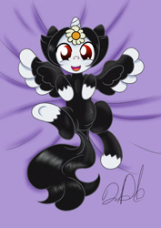 Size: 1555x2199 | Tagged: safe, artist:stormythetrooper, imported from derpibooru, alicorn, pony, animaniacs, crossover, dot warner, looking at you, lying down, on back, open mouth, ponified, smiling
