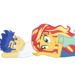 Size: 1280x1152 | Tagged: safe, artist:gmaplay, imported from derpibooru, flash sentry, sunset shimmer, human, equestria girls, arm behind head, blue eyes, blue hair, clothes, female, flashimmer, happy, in love, looking down, looking up, lying down, male, multicolored hair, on back, shipping, shirt, simple background, smiling, straight, t-shirt, transparent background, vector, yellow skin