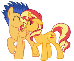 Size: 1244x1033 | Tagged: safe, artist:gmaplay, imported from derpibooru, flash sentry, sunset shimmer, pegasus, pony, unicorn, blue mane, female, flashimmer, floppy ears, happy, in love, male, multicolored mane, multicolored tail, shipping, simple background, smiling, stallion, straight, tomboy, transparent background, vector, yellow fur