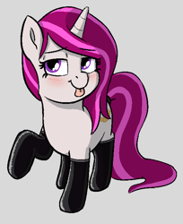 Size: 572x701 | Tagged: safe, artist:heretichesh, imported from derpibooru, oc, oc only, oc:zew, pony, unicorn, blushing, clothes, female, filly, latex, latex socks, mlem, silly, simple background, socks, solo, sultry, tongue out