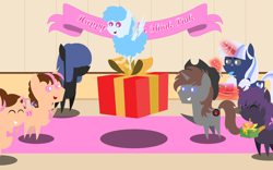 Size: 6400x4000 | Tagged: safe, artist:steampunk-brony, imported from derpibooru, oc, oc:curly mane, oc:loveless nova, oc:neigh sayer, oc:pink rose, oc:silverlay, oc:steamy, oc:think pink, earth pony, original species, pony, unicorn, absurd resolution, banner, birthday, cake, food, fork, magic, pointy ponies, present, tongue out, umbra pony