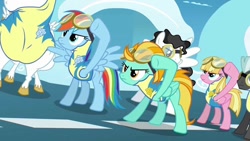 Size: 1024x576 | Tagged: safe, imported from derpibooru, screencap, bulk biceps, lightning dust, rainbow dash, thunderlane, pegasus, pony, wonderbolts academy, animation error, blue eyes, clothes, female, goggles, mare, uniform, wonderbolts uniform, wrong eye color