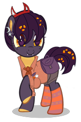 Size: 1625x2449 | Tagged: safe, artist:meimisuki, artist:rukemon, imported from derpibooru, oc, oc only, oc:tricky treat, bat, dracony, dragon, ghost, hybrid, pony, undead, bag, base used, candy, candy corn, clothes, commission, ear piercing, earring, fangs, female, food, hairband, jewelry, mare, piercing, pumpkin, raised hoof, saddle bag, shirt, shorts, simple background, solo, transparent background
