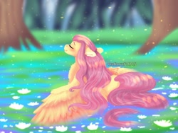 Size: 1024x768 | Tagged: safe, artist:malinraf1615, imported from derpibooru, fluttershy, pegasus, pony, alternate hairstyle, beautiful, blushing, chest fluff, cute, eyes closed, female, grass, leaf, lilypad, mare, river, shyabetes, solo, tree, water