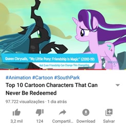 Size: 540x549 | Tagged: safe, imported from derpibooru, screencap, queen chrysalis, starlight glimmer, changeling, changeling queen, pony, unicorn, to where and back again, cute, cutealis, female, irredeemable, meta, opinion, top 10, watchmojo.com, youtube, youtube link