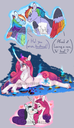 Size: 607x1050 | Tagged: safe, artist:malinraf1615, imported from derpibooru, chancellor neighsay, princess amore, rainbow blaze, rainbow dash, pegasus, pony, unicorn, alternate hairstyle, blushing, brother and sister, chest fluff, crying, curved horn, eyes closed, female, glowing horn, headcanon, heart, heterochromia, horn, leg fluff, magic, male, mare, markings, neighamore, redesign, sad, shipping, siblings, stallion, straight, unshorn fetlocks