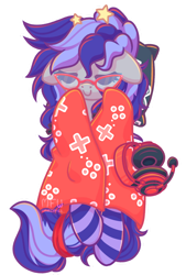 Size: 736x1086 | Tagged: safe, artist:musicfirewind, artist:wavecipher, imported from derpibooru, oc, oc only, oc:cinnabyte, adorkable, blanket, cinnabetes, clothes, cute, dork, eyes closed, gaming headset, glasses, headphones, headset, sleeping, socks, striped socks