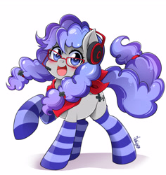 Size: 4608x4888 | Tagged: safe, artist:nekoshiei, imported from derpibooru, oc, oc only, oc:cinnabyte, earth pony, pony, adorkable, bandana, cinnabetes, clothes, commission, cute, dork, gaming headset, glasses, headphones, headset, manga style, meganekko, pigtails, simple background, smiling, socks, solo, striped socks, white background