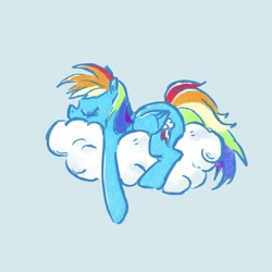 Size: 1792x1792 | Tagged: safe, artist:laya-21, imported from derpibooru, rainbow dash, pegasus, pony, cloud, cute, dashabetes, eyes closed, female, lying down, messy mane, on a cloud, prone, simple background, sleeping, sleeping on a cloud, sleepydash, solo