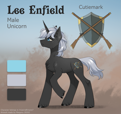 Size: 925x864 | Tagged: safe, artist:margony, imported from derpibooru, oc, oc only, oc:lee enfield, gun, reference sheet, rifle, shield, weapon