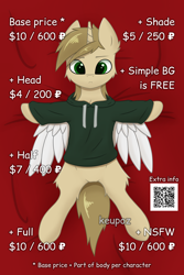 Size: 2000x3000 | Tagged: safe, artist:keupoz, imported from derpibooru, oc, oc only, alicorn, pony, advertisement, alicorn oc, clothes, commission info, hoodie, horn, qr code, text, wings