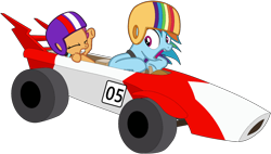 Size: 1280x726 | Tagged: safe, artist:didgereethebrony, imported from derpibooru, rainbow dash, scootaloo, pegasus, pony, the cart before the ponies, cart, duo, duo female, female, filly, helmet, peter brock, simple background, trace, transparent background, tribute