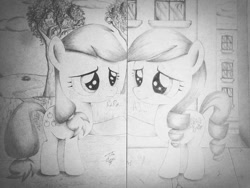 Size: 1024x769 | Tagged: safe, artist:theasce, imported from derpibooru, applejack, coloratura, the mane attraction, apple, apple tree, black and white, female, filly, grayscale, monochrome, traditional art, tree, younger