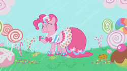 Size: 1280x720 | Tagged: safe, imported from derpibooru, screencap, pinkie pie, earth pony, pony, suited for success, candy, clothes, cute, diapinkes, dress, eating, female, food, gala dress, lollipop, mare, puffy cheeks