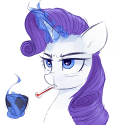 Size: 668x691 | Tagged: safe, artist:some_ponu, imported from derpibooru, rarity, pony, unicorn, backwards thermometer, cup, female, sick, simple background, solo, thermometer, white background