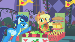 Size: 1280x720 | Tagged: safe, imported from derpibooru, screencap, applejack, soarin', earth pony, pegasus, pony, the best night ever, apple, apple pie, clothes, female, food, male, mare, pie, stallion, uniform, wonderbolts uniform