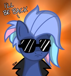 Size: 860x927 | Tagged: safe, artist:banquo0, imported from derpibooru, oc, oc only, oc:bit rate, earth pony, pony, gradient background, i'll be back, ponyfest online, reference, solo, sunglasses, terminator, text