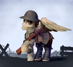 Size: 4000x3681 | Tagged: safe, artist:dipfanken, imported from derpibooru, oc, oc only, pegasus, pony, barbed wire, clothes, gun, helmet, high res, military uniform, rifle, solo, uniform, weapon